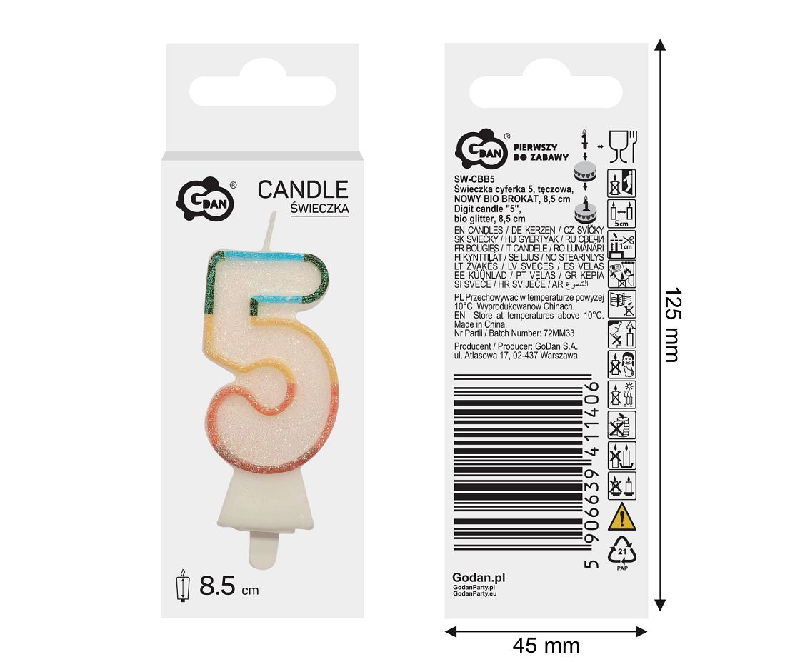 Świeczka cyferka 5 tęczowa Nowy Bio Brokat 8,5cm SW-CBB5 Godan